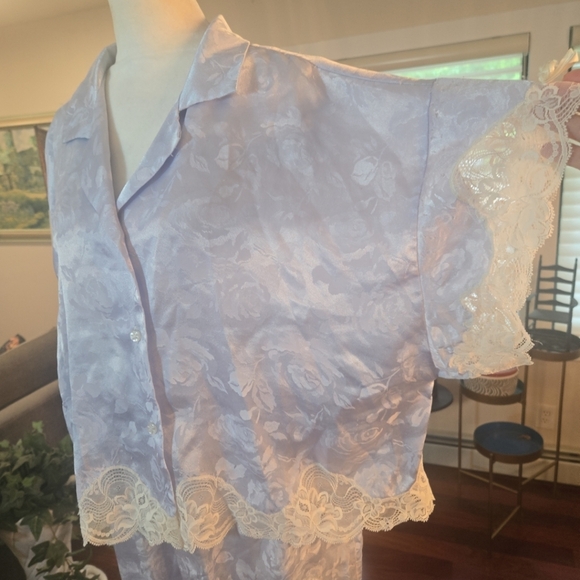 VTG Christian Dior Floral Lace Bow Satin Negligee Pajama Set Light Blue Large - Picture 5 of 15